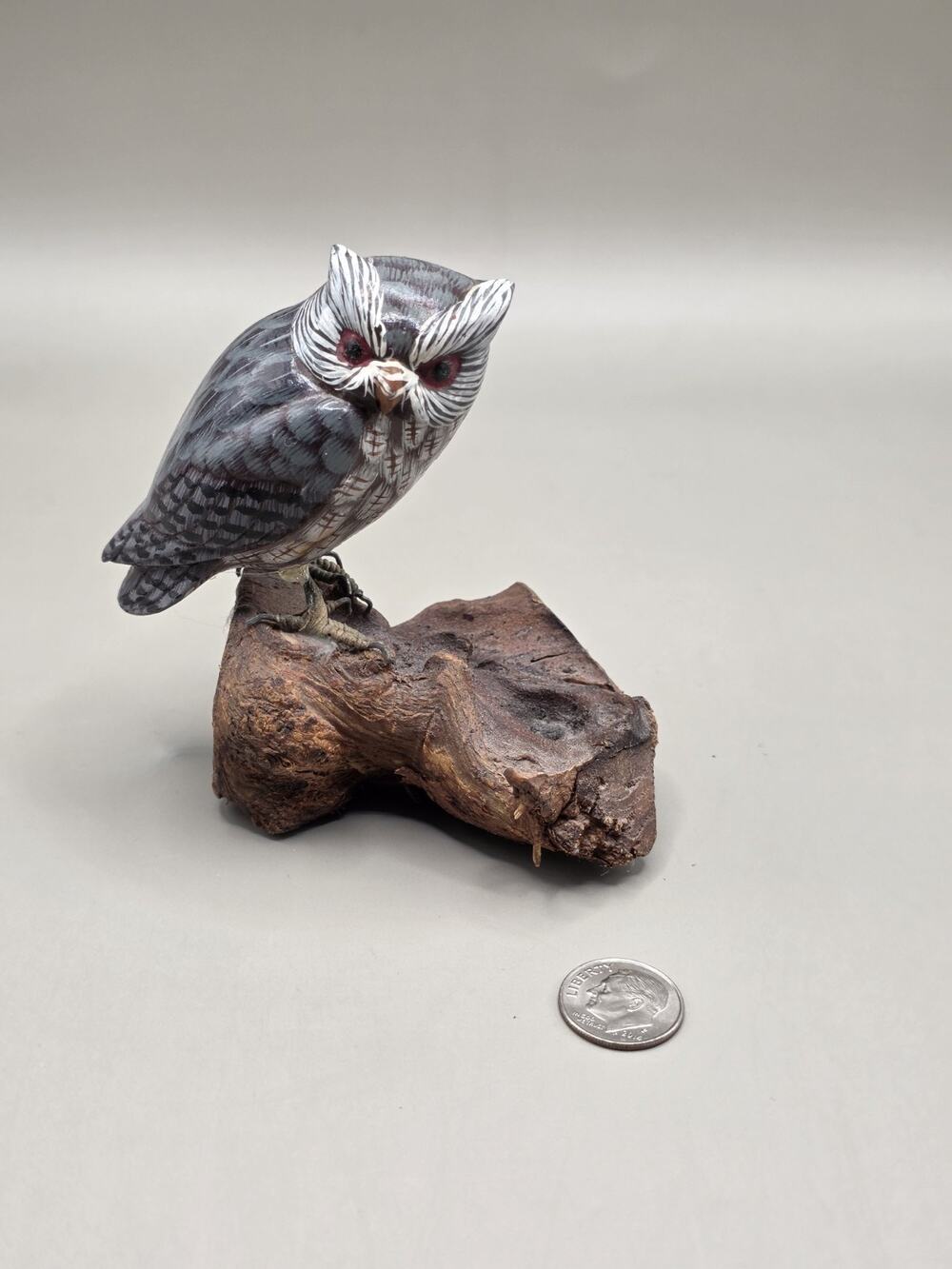 Vintage Hand Carved Wood Owl Figurine on Driftwood Burl Base Painted Folk Art